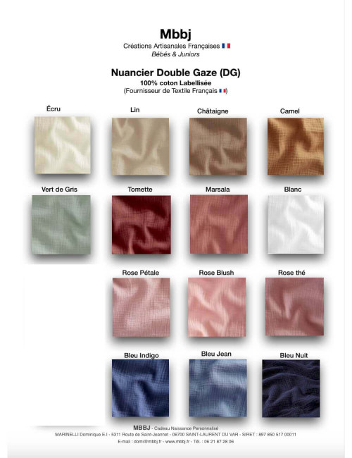 Nuancier double gaze bavoir bébé personnalisé 14 coloris disponibles.